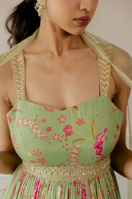 Paulmi And Harsh Green Floral Motif Sweetheart Neck Print Anarkali And Dupatta Set at Aza Fashions Paulmi And Harsh_Green Floral Motif Sweetheart Neck Print Anarkali And Dupatta Set _at_Aza_Fashions