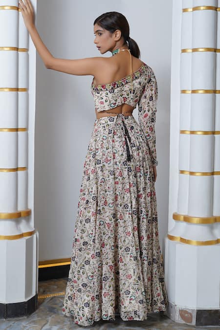 Shop_Ahi Clothing_Cream Georgette Embroidery, Mirrors One Floral Print Kalidaar Lehenga Set _at_Aza_Fashions