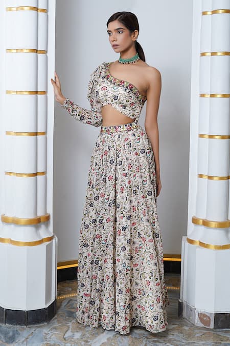 Buy_Ahi Clothing_Cream Georgette Embroidery, Mirrors One Floral Print Kalidaar Lehenga Set _Online_at_Aza_Fashions