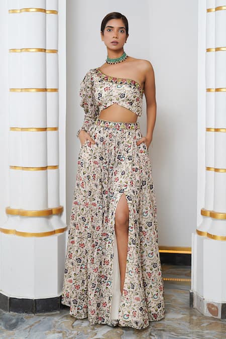 Shop_Ahi Clothing_Cream Georgette Embroidery, Mirrors One Floral Print Kalidaar Lehenga Set _Online_at_Aza_Fashions