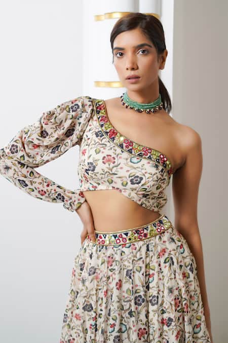 Ahi Clothing_Cream Georgette Embroidery, Mirrors One Floral Print Kalidaar Lehenga Set _at_Aza_Fashions