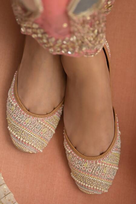 Buy_Coral Haze_Beige Aasma Embellished Juttis _Online_at_Aza_Fashions