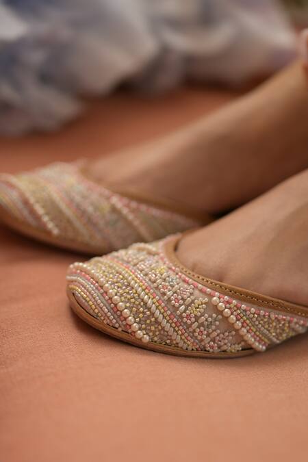 Shop_Coral Haze_Beige Aasma Embellished Juttis _Online_at_Aza_Fashions