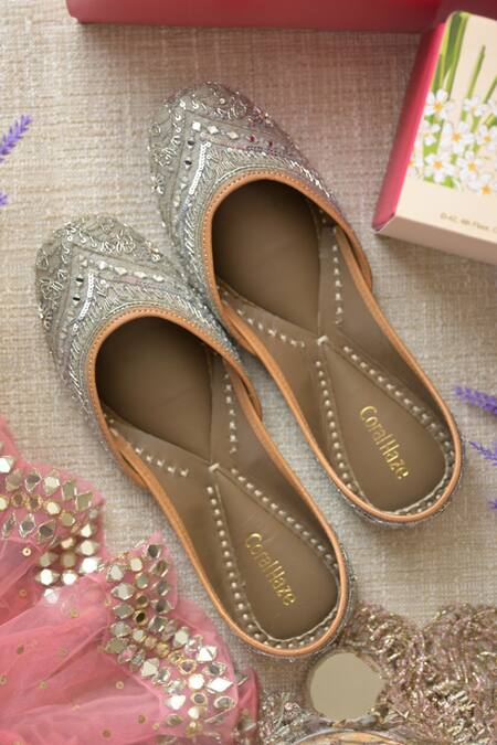 Buy_Coral Haze_Grey Zevar Hand Embroidered Juttis _Online_at_Aza_Fashions