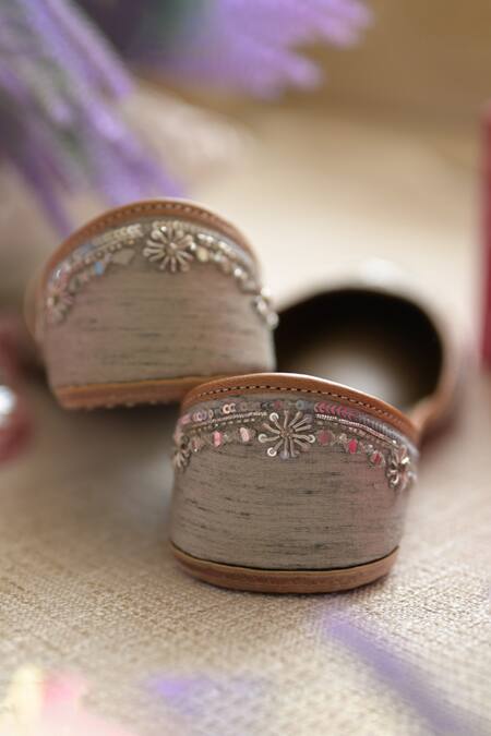 Shop_Coral Haze_Grey Zevar Hand Embroidered Juttis _Online_at_Aza_Fashions