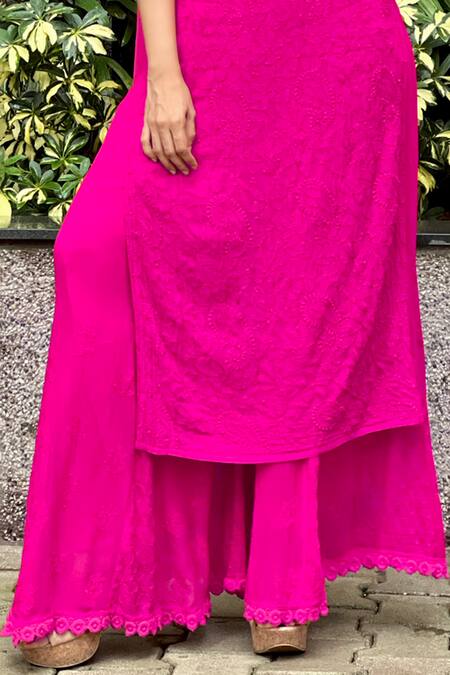 LABEL AISHWARYRIKA Pink Georgette Embroidery, Chains Round Evelyn Chikankari Kurta Palazzo Set at Aza Fashions LABEL AISHWARYRIKA_Pink Georgette Embroidery, Chains Round Evelyn Chikankari Kurta Palazzo Set _at_Aza_Fashions