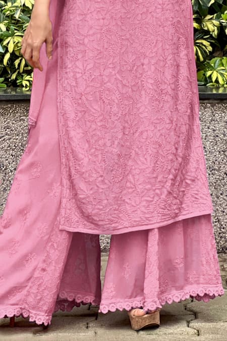 Shop_LABEL AISHWARYRIKA_Purple Georgette Embroidery Round Neck Sophia Chikankari Kurta Palazzo Set _Online_at_Aza_Fashions