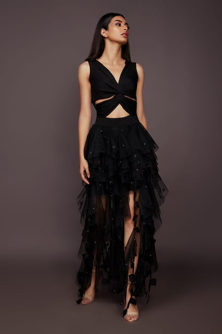 Buy_Deepika Arora_Black Skirt Net, Top Roma Cut Work Geometric And Neon Draped And Ruffle Dress_Online_at_Aza_Fashions