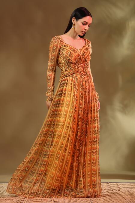 Buy_Baise Gaba_Yellow Chiffon Sweetheart Neck Rosaline Abstract Pattern Maxi Dress_Online_at_Aza_Fashions