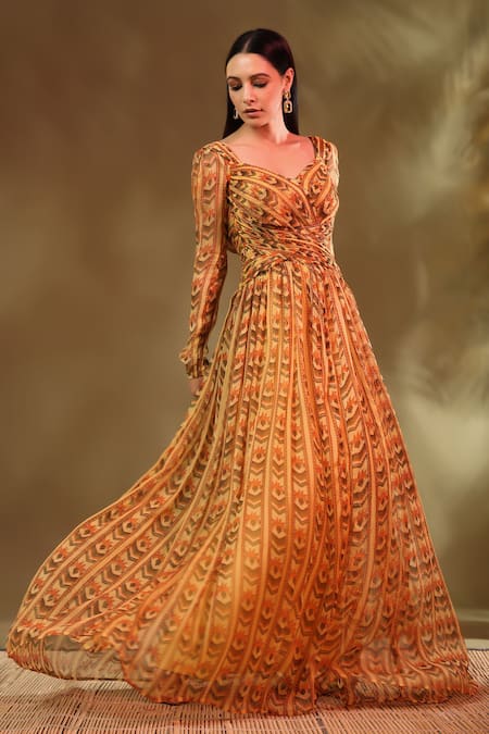 Shop_Baise Gaba_Yellow Chiffon Sweetheart Neck Rosaline Abstract Pattern Maxi Dress_Online_at_Aza_Fashions