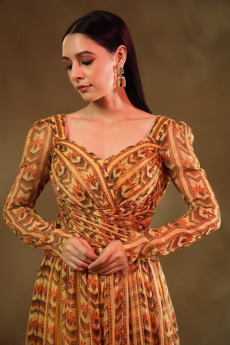 Baise Gaba_Yellow Chiffon Sweetheart Neck Rosaline Abstract Pattern Maxi Dress_at_Aza_Fashions