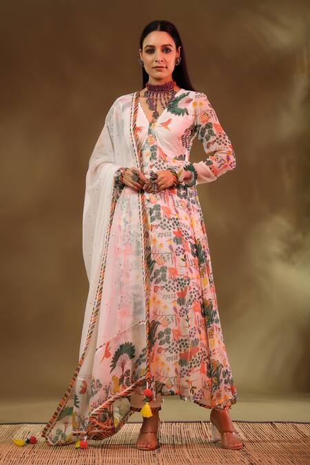 Baise Gaba_White Chiffon, Modal, Satin Tassels Kannan Forest Pattern Anarkali Pant Set_Online_at_Aza_Fashions