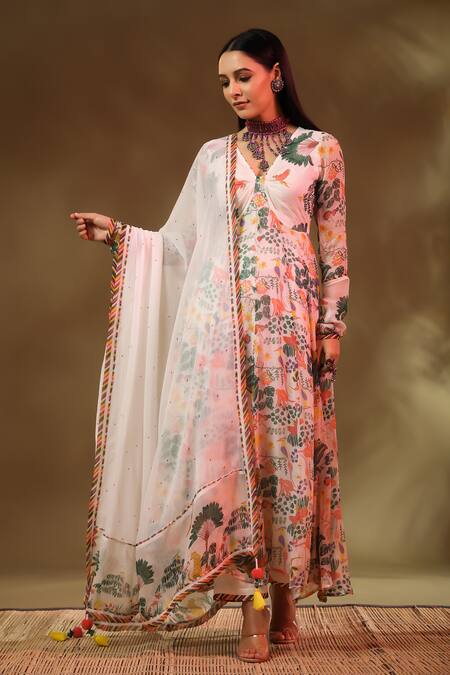 Buy_Baise Gaba_White Chiffon, Modal, Satin Tassels Kannan Forest Pattern Anarkali Pant Set_Online_at_Aza_Fashions