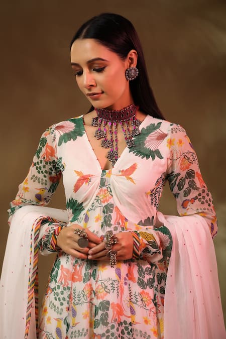 Shop_Baise Gaba_White Chiffon, Modal, Satin Tassels Kannan Forest Pattern Anarkali Pant Set_Online_at_Aza_Fashions