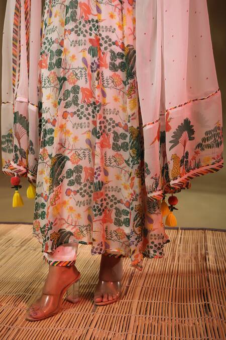 Baise Gaba_White Chiffon, Modal, Satin Tassels Kannan Forest Pattern Anarkali Pant Set_at_Aza_Fashions