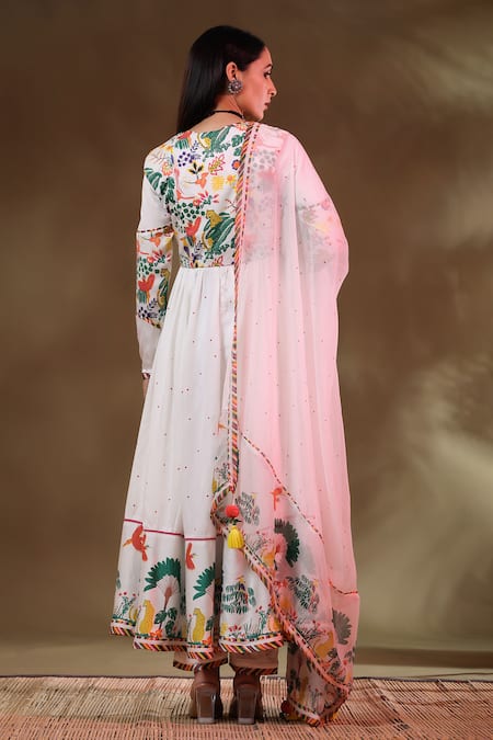 Shop_Baise Gaba_White Modal, Chiffon, Satin Kainaat Forest Pattern Anarkali Koti Jacket Set _at_Aza_Fashions