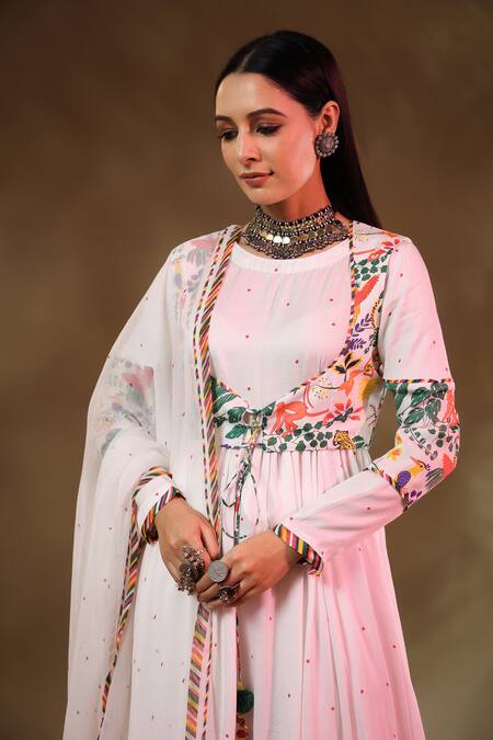 Buy_Baise Gaba_White Modal, Chiffon, Satin Kainaat Forest Pattern Anarkali Koti Jacket Set _Online_at_Aza_Fashions