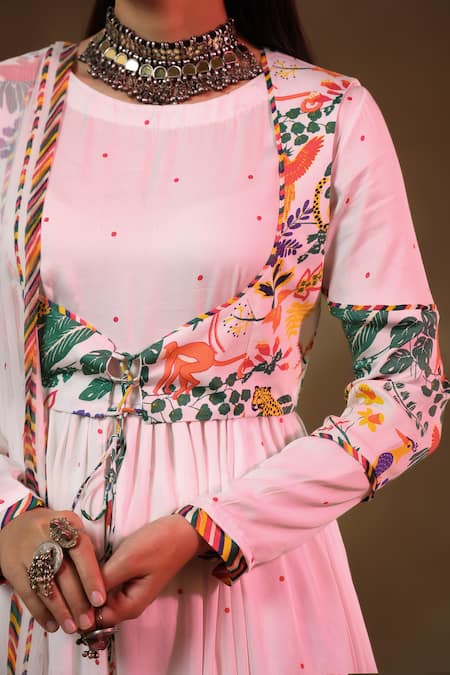 Shop_Baise Gaba_White Modal, Chiffon, Satin Kainaat Forest Pattern Anarkali Koti Jacket Set _Online_at_Aza_Fashions