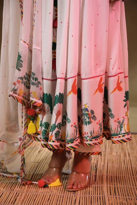 Baise Gaba_White Modal, Chiffon, Satin Kainaat Forest Pattern Anarkali Koti Jacket Set _at_Aza_Fashions