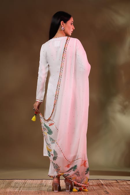 Shop_Baise Gaba_White Modal, Chiffon, Satin Tassels Round Neck Jugnu Polka Dots Kurta Pant Set _at_Aza_Fashions