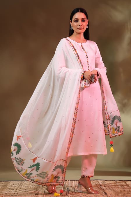 Buy_Baise Gaba_White Modal, Chiffon, Satin Tassels Round Neck Jugnu Polka Dots Kurta Pant Set _Online_at_Aza_Fashions