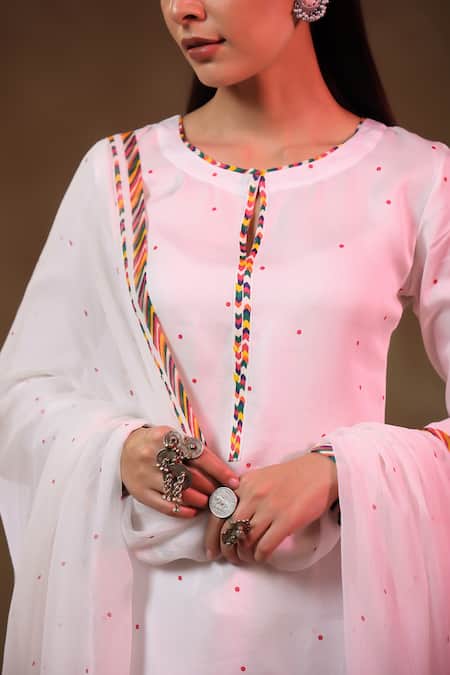 Shop_Baise Gaba_White Modal, Chiffon, Satin Tassels Round Neck Jugnu Polka Dots Kurta Pant Set _Online_at_Aza_Fashions
