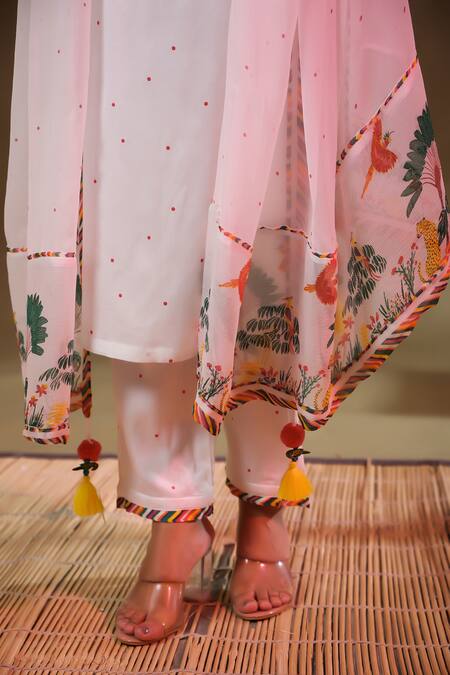 Baise Gaba_White Modal, Chiffon, Satin Tassels Round Neck Jugnu Polka Dots Kurta Pant Set _at_Aza_Fashions