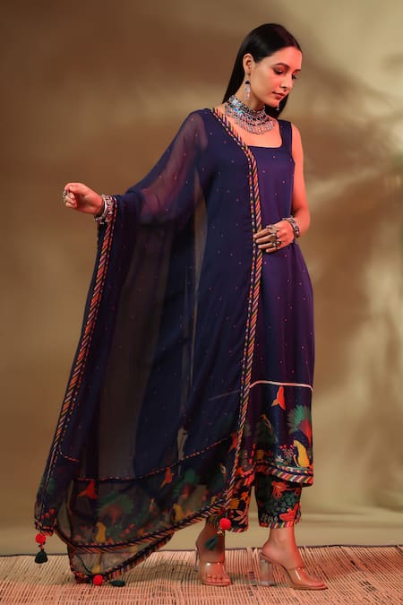 Buy_Baise Gaba_Blue Modal, Satin, Chiffon Tassels Square Neck Hoor Straight Kurta Pant Set _Online_at_Aza_Fashions