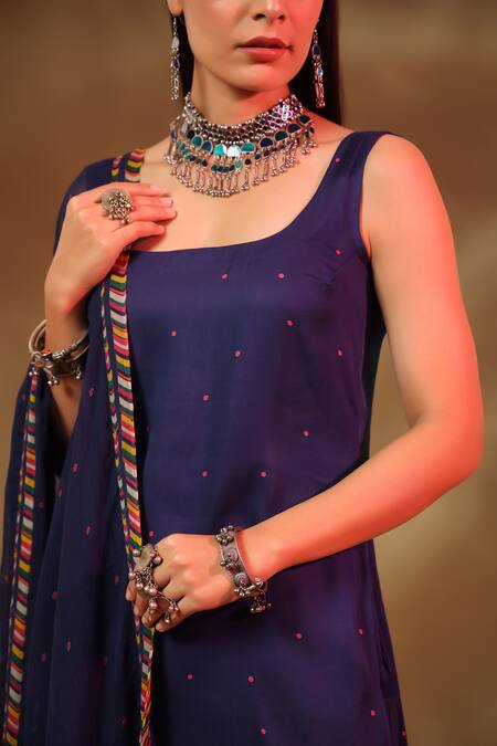 Shop_Baise Gaba_Blue Modal, Satin, Chiffon Tassels Square Neck Hoor Straight Kurta Pant Set _Online_at_Aza_Fashions