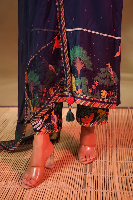 Baise Gaba_Blue Modal, Satin, Chiffon Tassels Square Neck Hoor Straight Kurta Pant Set _at_Aza_Fashions