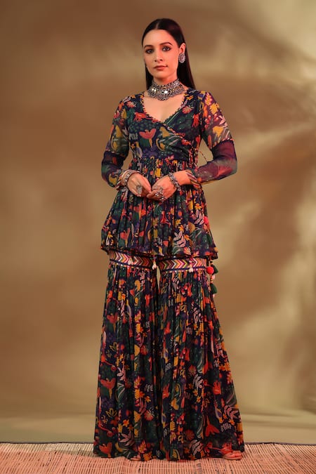 Baise Gaba Blue Top Chiffon Wildlife V Neck Gul Angarkha Kurta Gharara Pant Set 