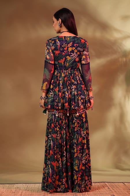 Shop_Baise Gaba_Blue Chiffon, Modal, Satin Tassels Gul Wildlife Angarkha Kurta Gharara Pant Set _at_Aza_Fashions