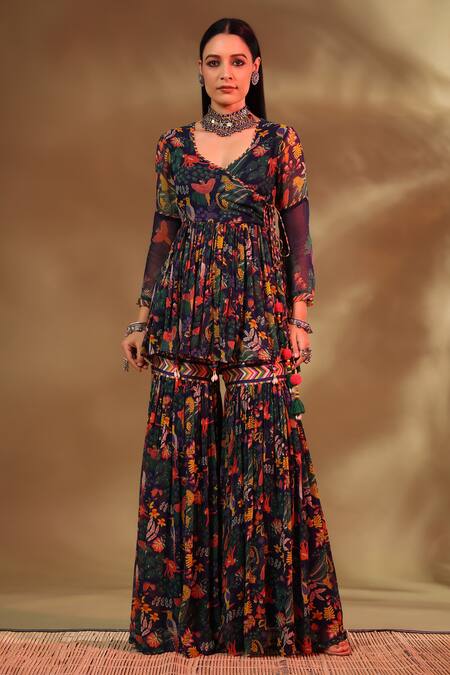 Baise Gaba_Blue Chiffon, Modal, Satin Tassels Gul Wildlife Angarkha Kurta Gharara Pant Set _Online_at_Aza_Fashions