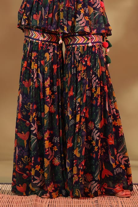 Buy Baise Gaba Blue Chiffon, Modal, Satin Tassels Gul Wildlife Angarkha Kurta Gharara Pant Set Online at Aza Fashions Buy_Baise Gaba_Blue Chiffon, Modal, Satin Tassels Gul Wildlife Angarkha Kurta Gharara Pant Set _Online_at_Aza_Fashions