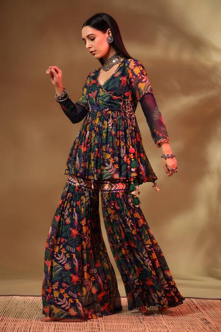 Shop_Baise Gaba_Blue Chiffon, Modal, Satin Tassels Gul Wildlife Angarkha Kurta Gharara Pant Set _Online_at_Aza_Fashions