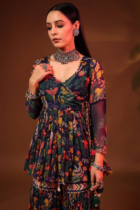 Baise Gaba_Blue Chiffon, Modal, Satin Tassels Gul Wildlife Angarkha Kurta Gharara Pant Set _at_Aza_Fashions