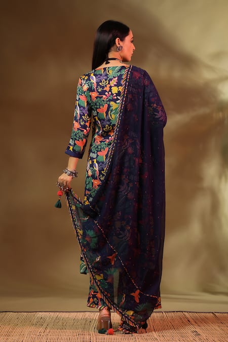 Shop_Baise Gaba_Blue Modal, Satin Square Neck Saba Wildlife Print Straight Kurta Pant Set _at_Aza_Fashions