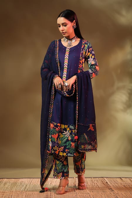Buy_Baise Gaba_Blue Modal, Satin Square Neck Saba Wildlife Print Straight Kurta Pant Set _Online_at_Aza_Fashions