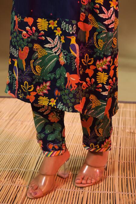 Baise Gaba_Blue Modal, Satin Square Neck Saba Wildlife Print Straight Kurta Pant Set _at_Aza_Fashions