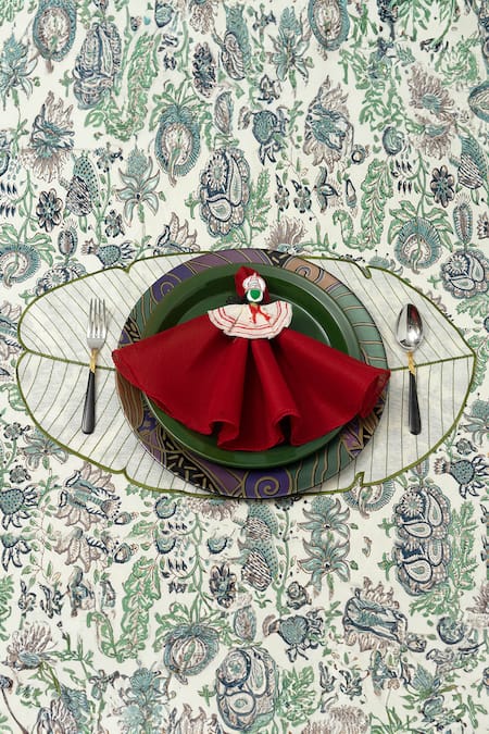 Shop_Tessera_White Fabric Embroidered Banana Leaf Table Mats Set Of 6_Online_at_Aza_Fashions