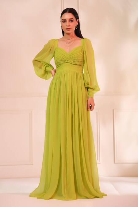 Baise Gaba_Green Chiffon Sweetheart Neck Grace Ruched Bodice Maxi Dress_at_Aza_Fashions