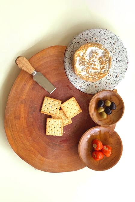 Tessera_Brown Acacia Wood, Terrazzo Stone Askew Platter_Online_at_Aza_Fashions
