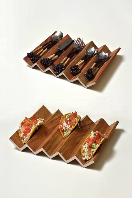 Buy_Tessera_Acacia Wood Zig Zag Tray Set Of 2_Online_at_Aza_Fashions