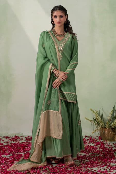 VARUN CHHABRA Green Chanderi Embroidered Dori V Neck Kurta Gharara Set