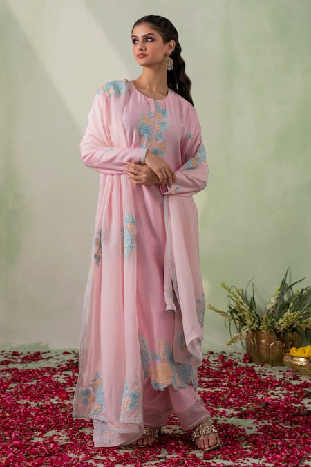 VARUN CHHABRA Pink Kurta Chanderi Silk Embroidered Floral Patch Round Neck Work Set