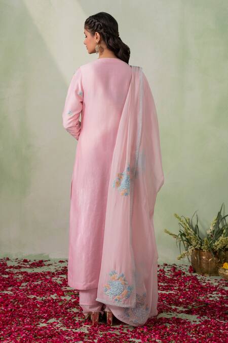 Shop Varun Chhabra Pink Chanderi Silk, Cotton, Organza Cut Work, Sequins, Patch Kurta Set at Aza Fashions Shop_Varun Chhabra_Pink Chanderi Silk, Cotton, Organza Cut Work, Sequins, Patch Kurta Set_at_Aza_Fashions