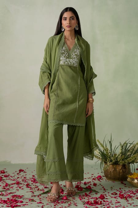 VARUN CHHABRA Green Kurta And Pant Cambric Cotton Lined With Floral Pakistani Set 