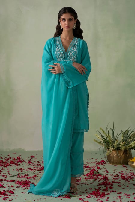 VARUN CHHABRA Blue Kurta And Pant Cambric Cotton Lined With Mul Yoke Pakistani Set 
