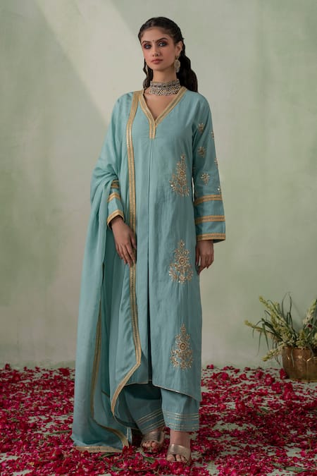 VARUN CHHABRA Blue Kurta And Salwar Cambric Cotton Lined With Floral Placement Set 