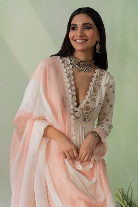 Varun Chhabra Ivory Cotton, Organza Zari, Sequins, Embroidery Scoop Neck Tiered Anarkali Set Online at Aza Fashions Varun Chhabra_Ivory Cotton, Organza Zari, Sequins, Embroidery Scoop Neck Tiered Anarkali Set_Online_at_Aza_Fashions